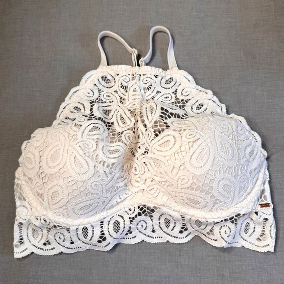 Victorias Secret Pink Push Up Bralette Bra Med (34CD-36AB) High Neck White Lace - Picture 1 of 10